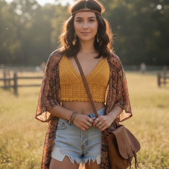 SHEIN Tops - Shein Mustard Crochet Crop Top Boho Bracelet Adjustable Leaf Design 60%Cotton XS